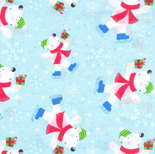 Foust Textiles Tis the Season Skating Polar Bears on Blue 100% Cotton Price per Yard
