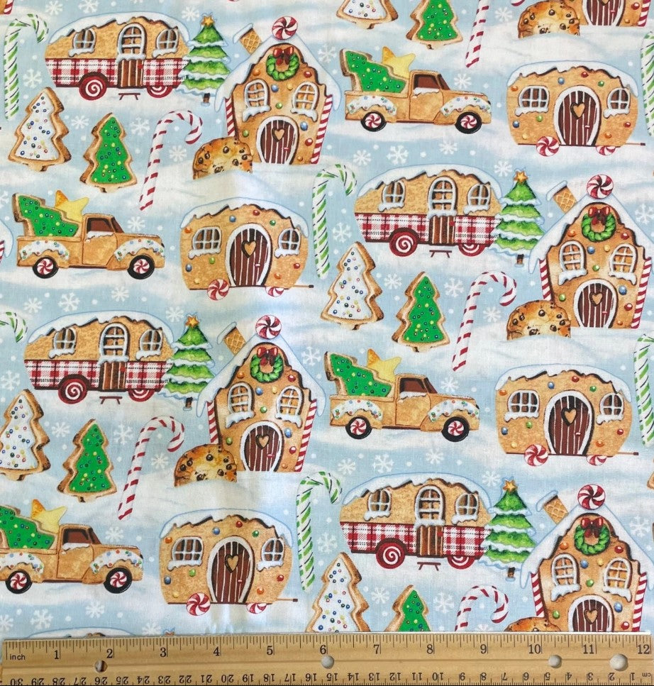 3 Wishes Christmas Gingerneering Gingerbread Campers on Blue 100% Cotton By the yard