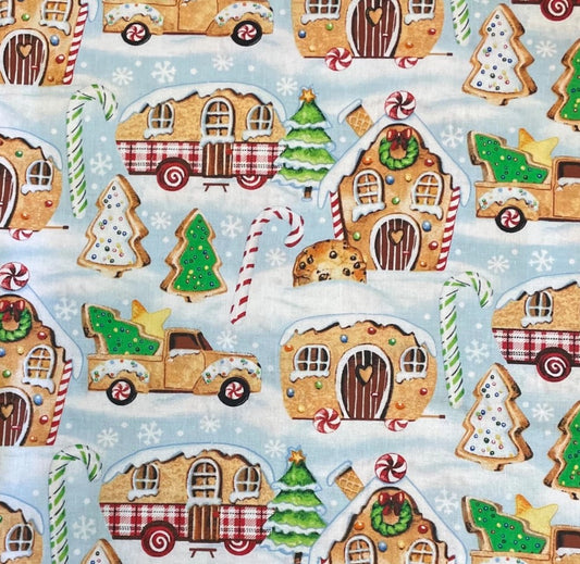 3 Wishes Christmas Gingerneering Gingerbread Campers on Blue 100% Cotton By the yard