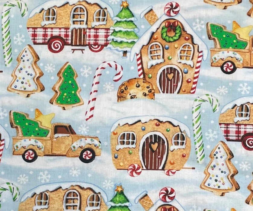 3 Wishes Christmas Gingerneering Gingerbread Campers on Blue 100% Cotton By the yard