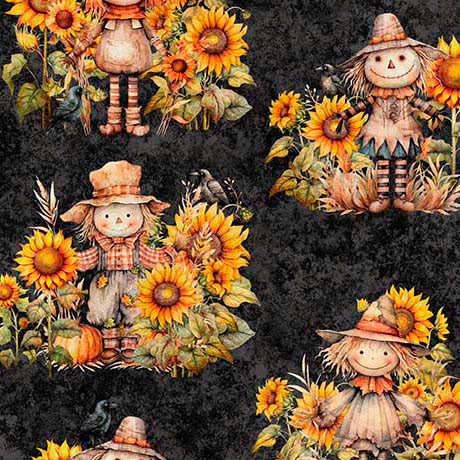 QT Cuties Thanksgiving Scarecrows on Charcoal 100% Cotton Price per Yard