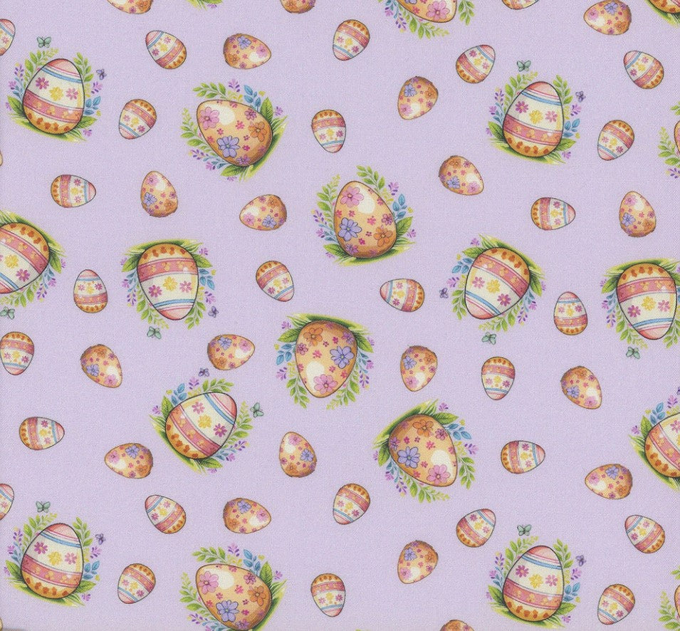 Mook Fabrics Hoppy Easter Eggs Lavender 100% Cotton Price per Yard
