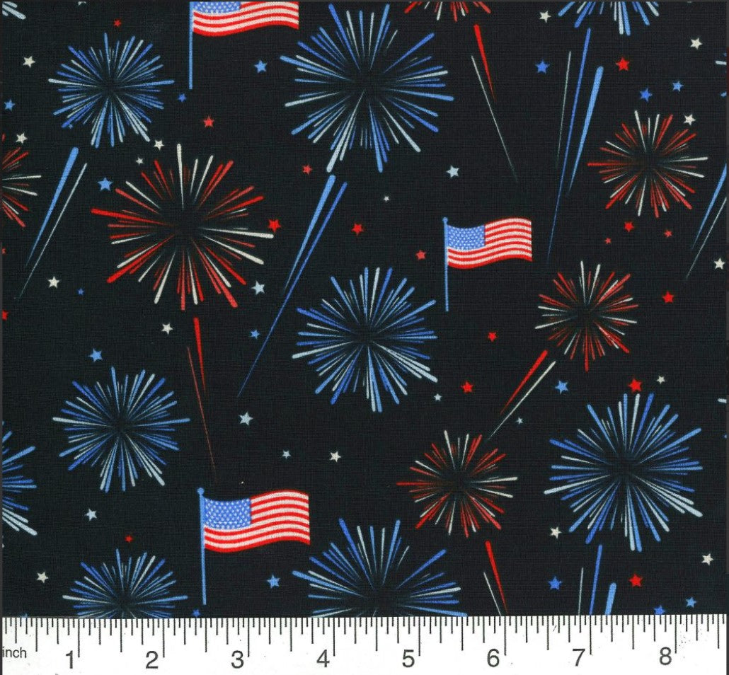 Patriotic Star Fireworks and Flags on Blue 100% Cotton Price per Yard
