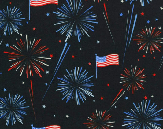Patriotic Star Fireworks and Flags on Blue 100% Cotton Price per Yard