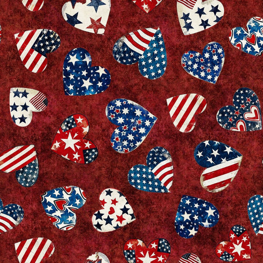 Patriotic Flag Hearts on Red Digital Print 100% Cotton Price per Yard