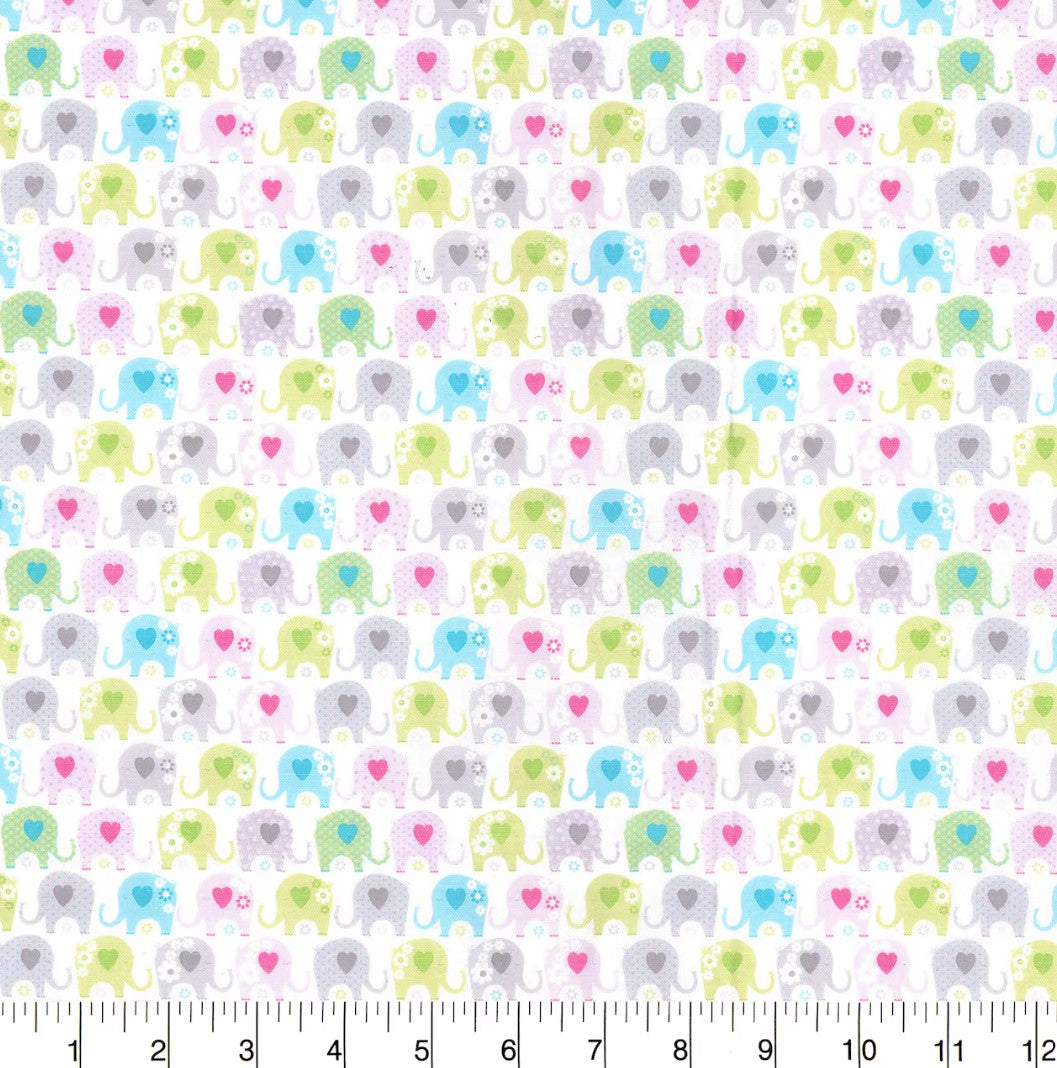 Fabric Traditions Baby Elephants on White 100% Cotton Baby Price Per Yard