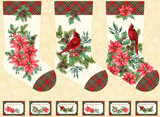 Christmas Blooms of the Holiday Stocking Panel 100% Cotton Fabric Price per Panel