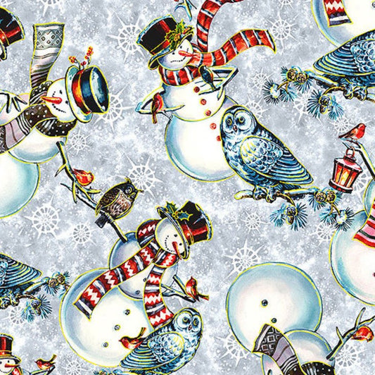 Christmas Noel Snowmen with Owls on Blue 100% Cotton Price per Yard