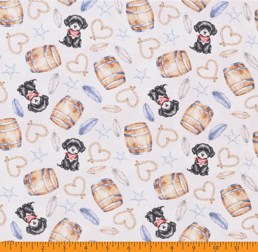Tossed Dogs Puppies Western Icons Grey 100% Cotton Price per Yard