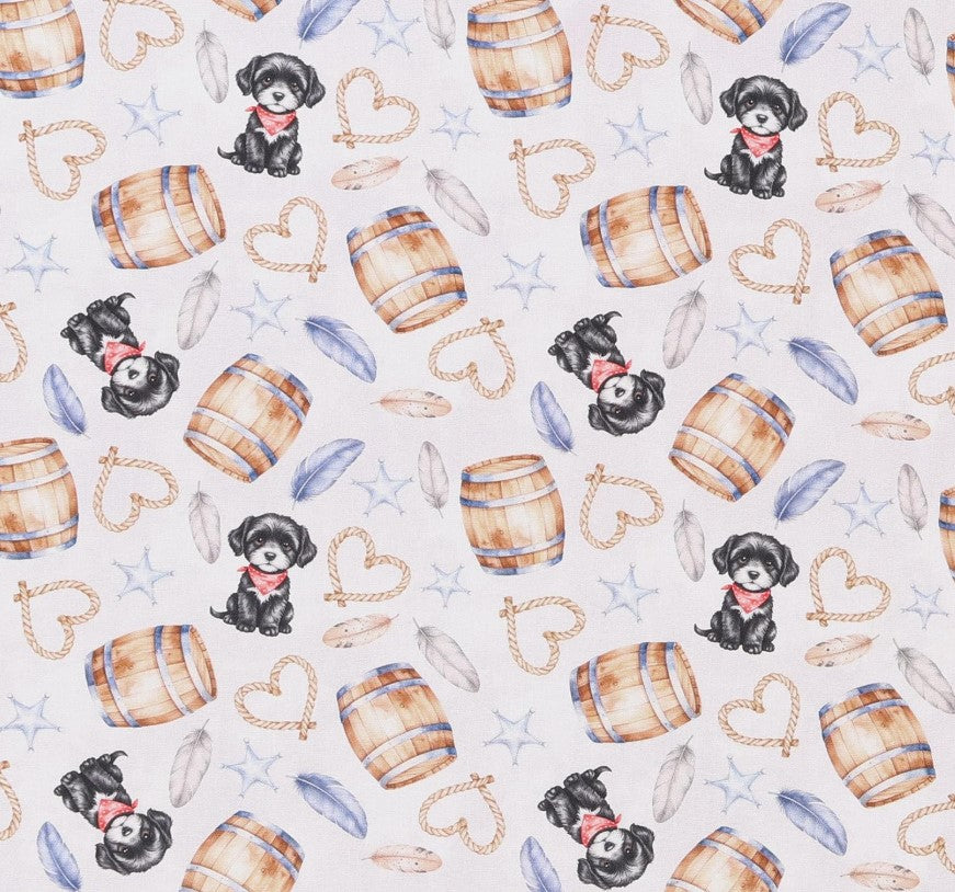 Tossed Dogs Puppies Western Icons Grey 100% Cotton Price per Yard
