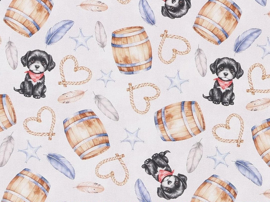 Tossed Dogs Puppies Western Icons Grey 100% Cotton Price per Yard