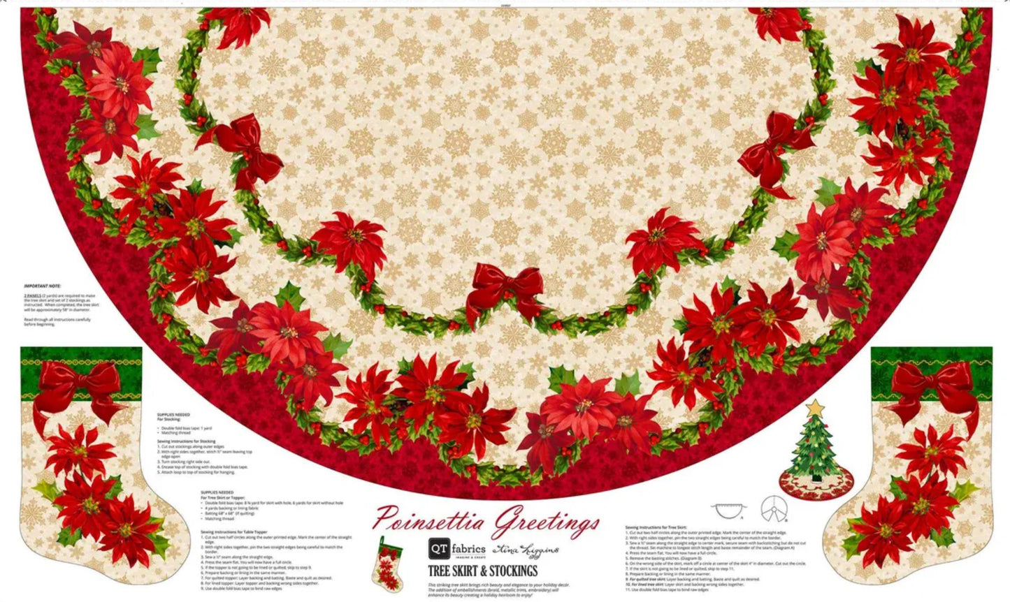 Christmas 2-PACK Poinsettia 56 Inch Tree Skirt and Stockings Panel 100% Cotton Fabric Price per Yard