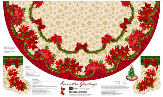 Christmas 2-PACK Poinsettia 56 Inch Tree Skirt and Stockings Panel 100% Cotton Fabric Price per Yard