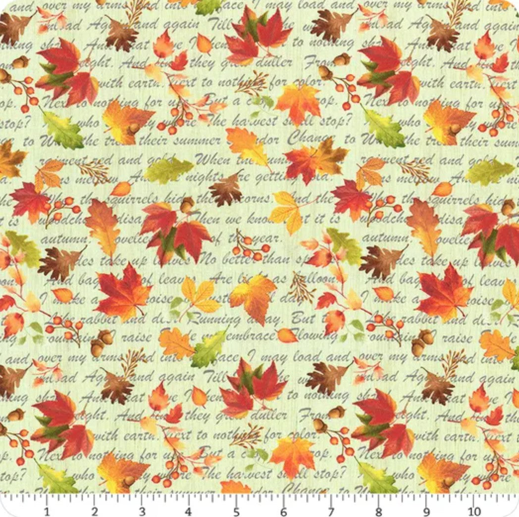 Timeless Treasures Thanksgiving Leaves on Script Green 100% Cotton