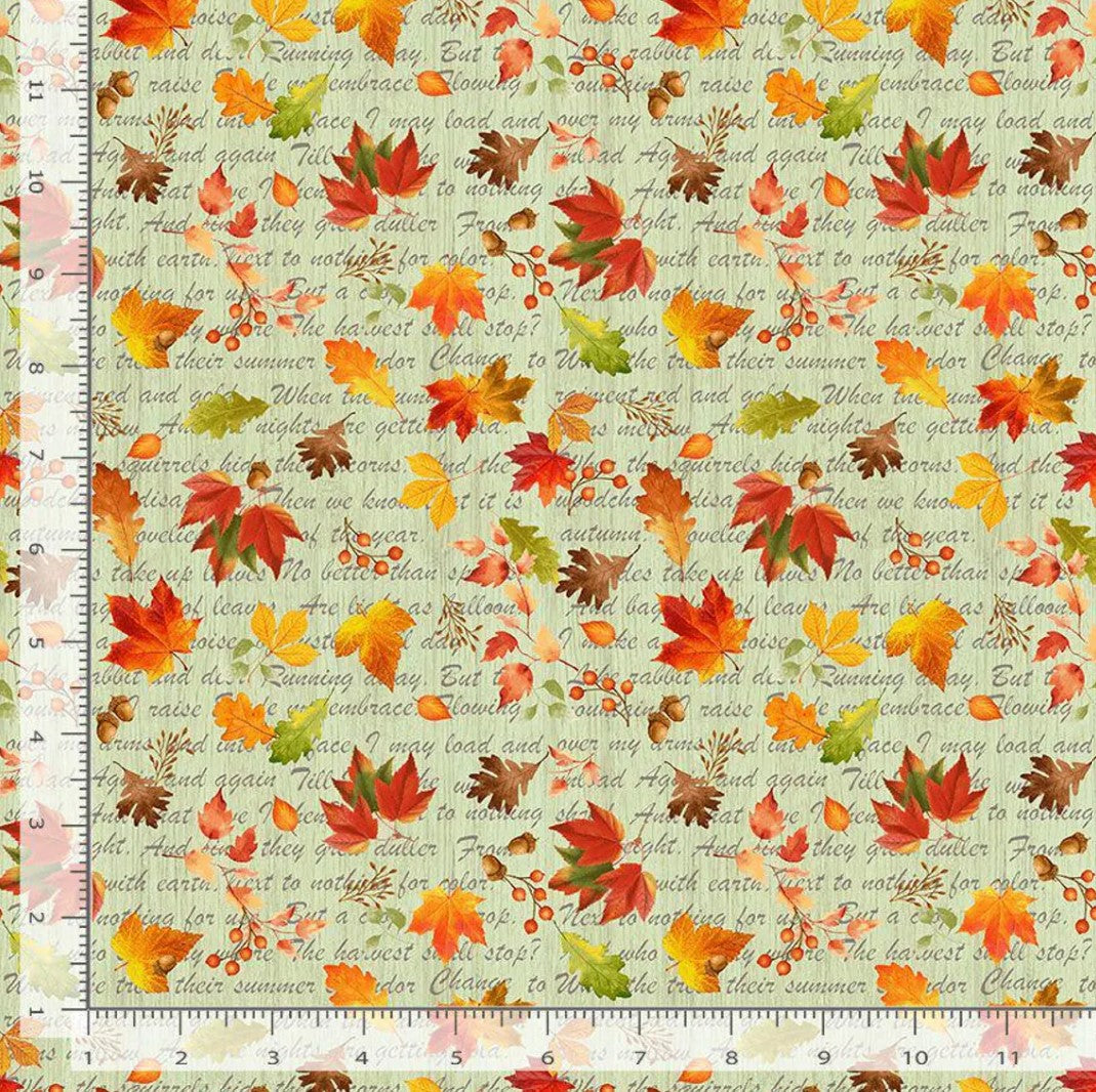 Timeless Treasures Thanksgiving Leaves on Script Green 100% Cotton
