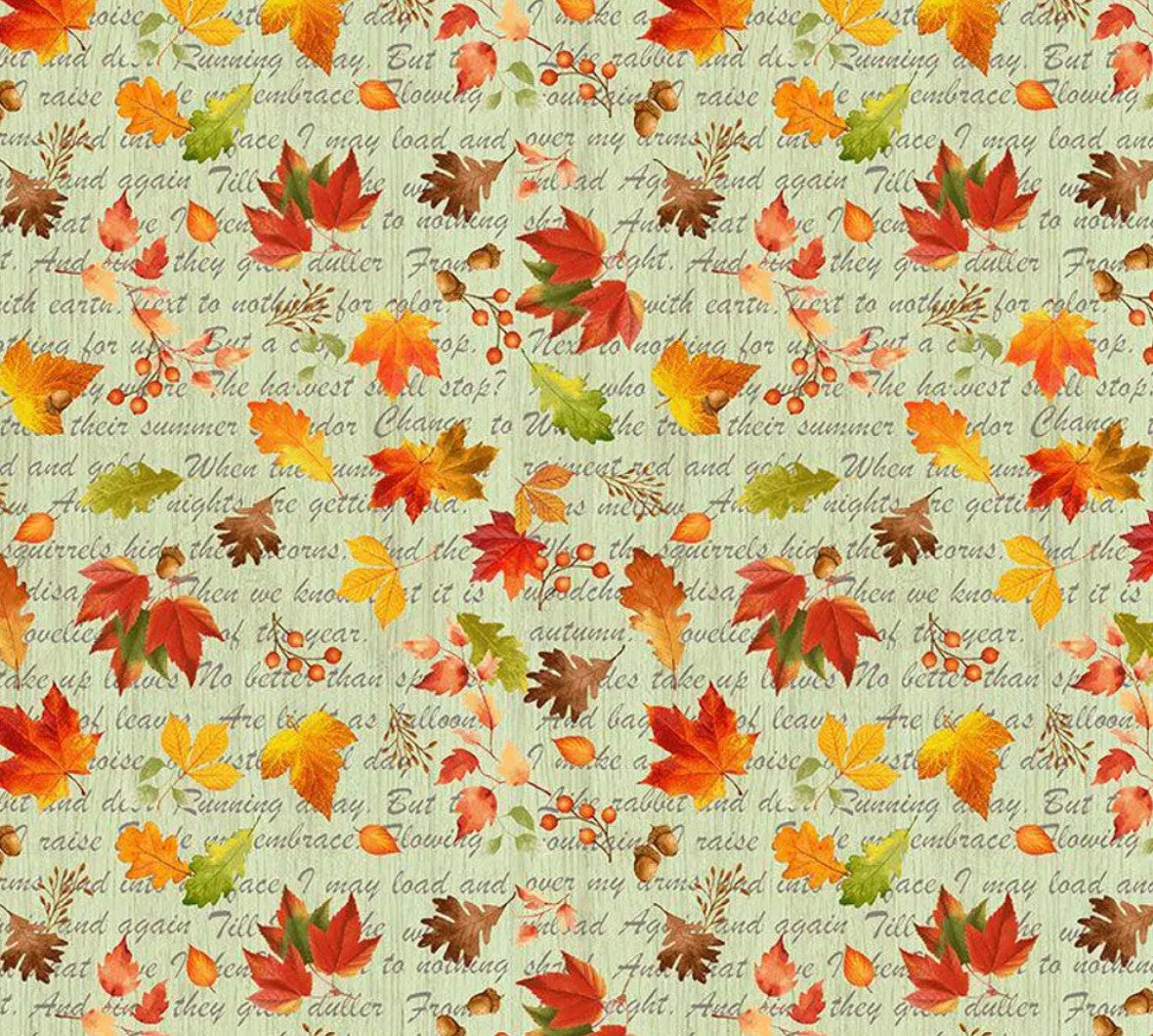 Timeless Treasures Thanksgiving Leaves on Script Green 100% Cotton