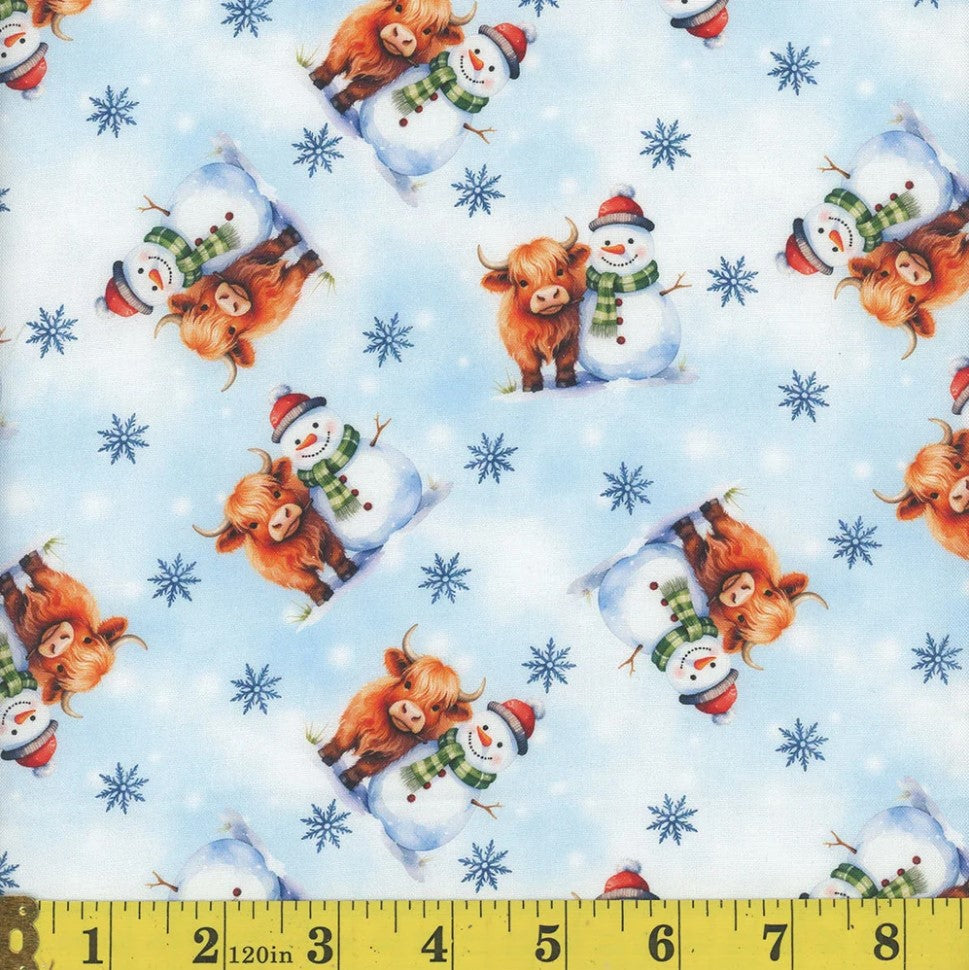 Christmas Snowmen and Baby Highland Cows on Blue 100% Cotton Price per Yard