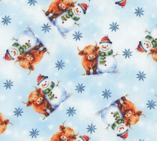 Christmas Snowmen and Baby Highland Cows on Blue 100% Cotton Price per Yard