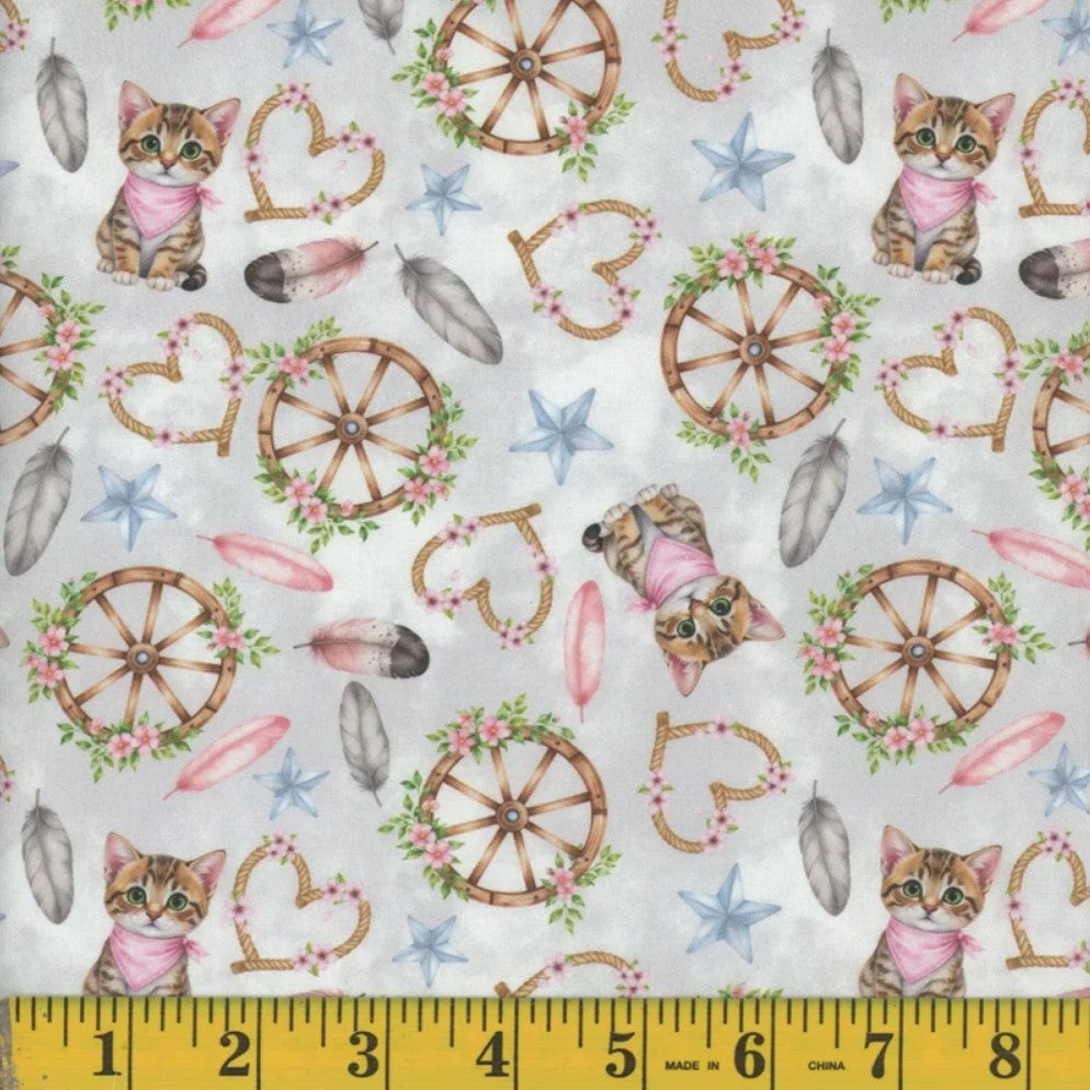 Tossed Cats Kittens Western Icons Grey 100% Cotton Price per Yard