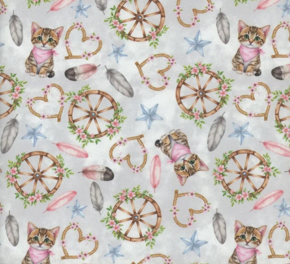 Tossed Cats Kittens Western Icons Grey 100% Cotton Price per Yard