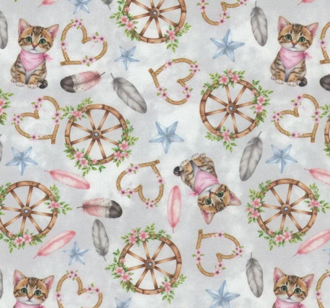Tossed Cats Kittens Western Icons Grey 100% Cotton Price per Yard
