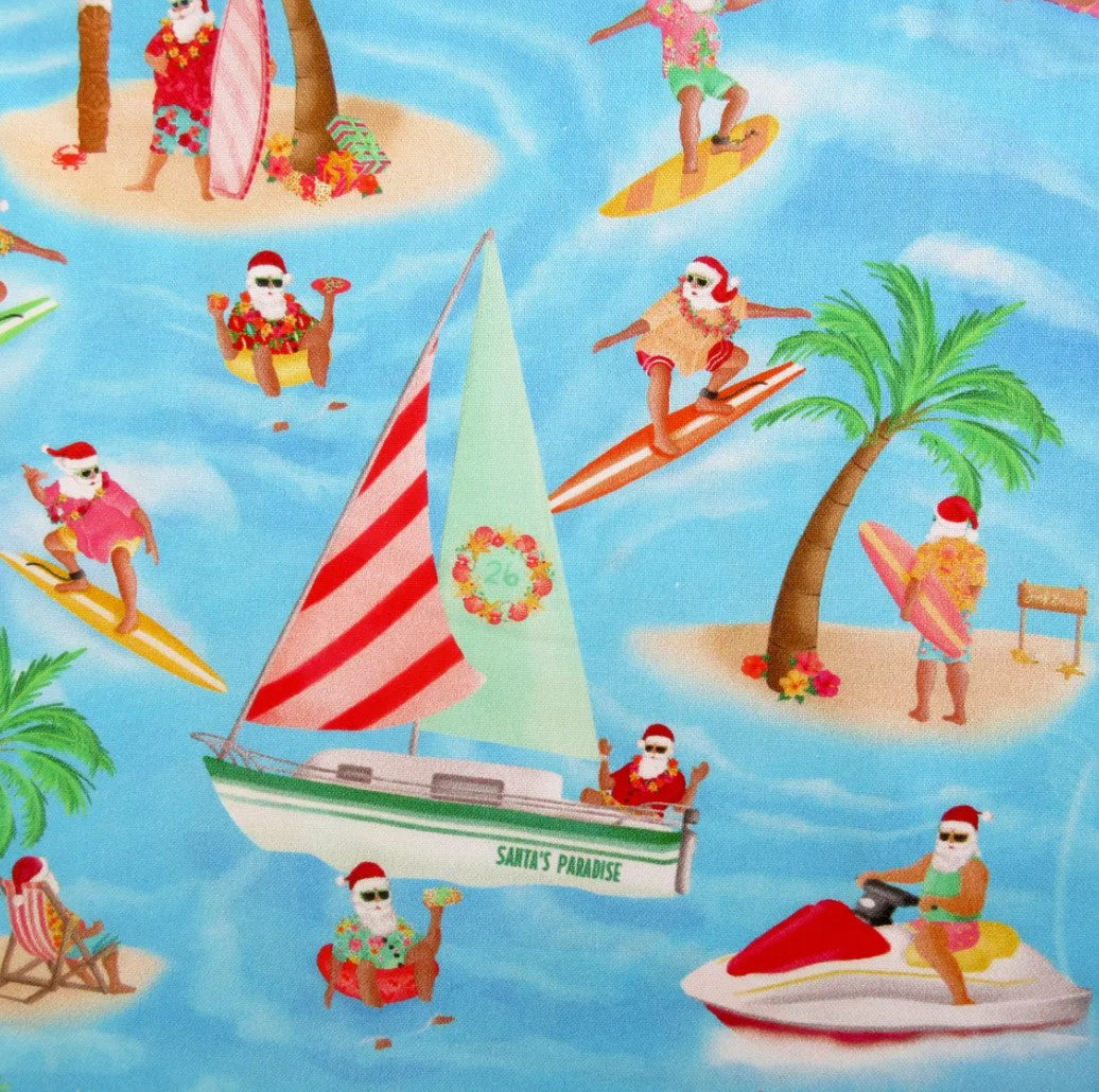 Christmas Santa at Sea on Blue 100% Cotton Price per Yard