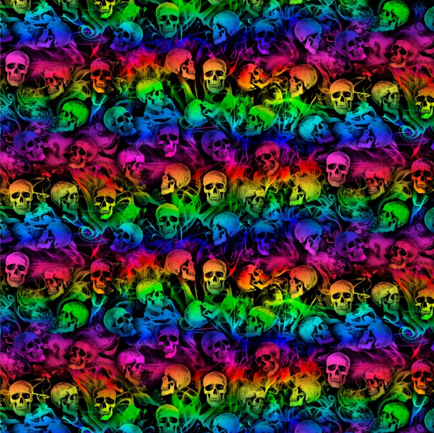 Halloween Batik Smokey Rainbow Skulls on Black