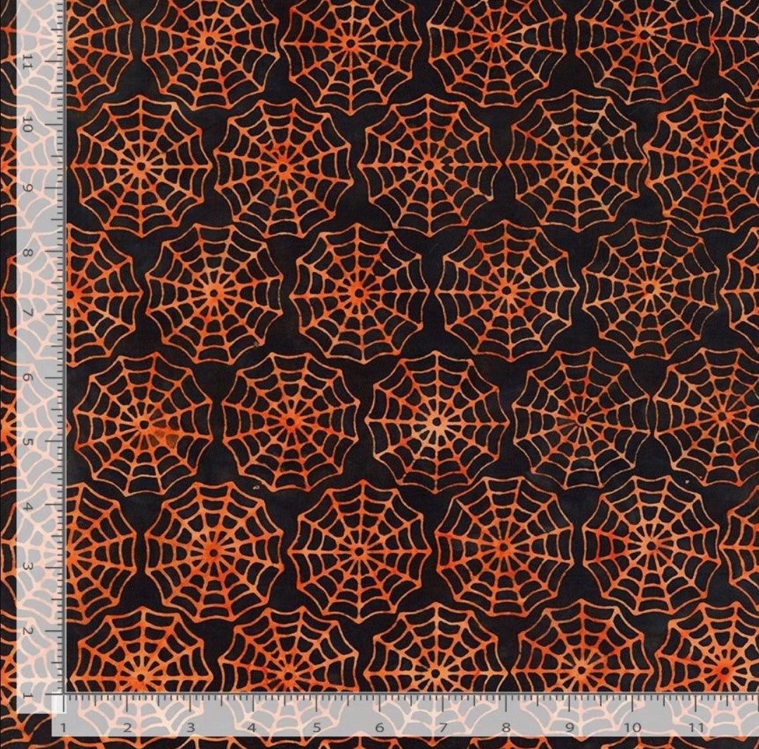 Halloween Batik Orange Spider Webs on Black Tonga