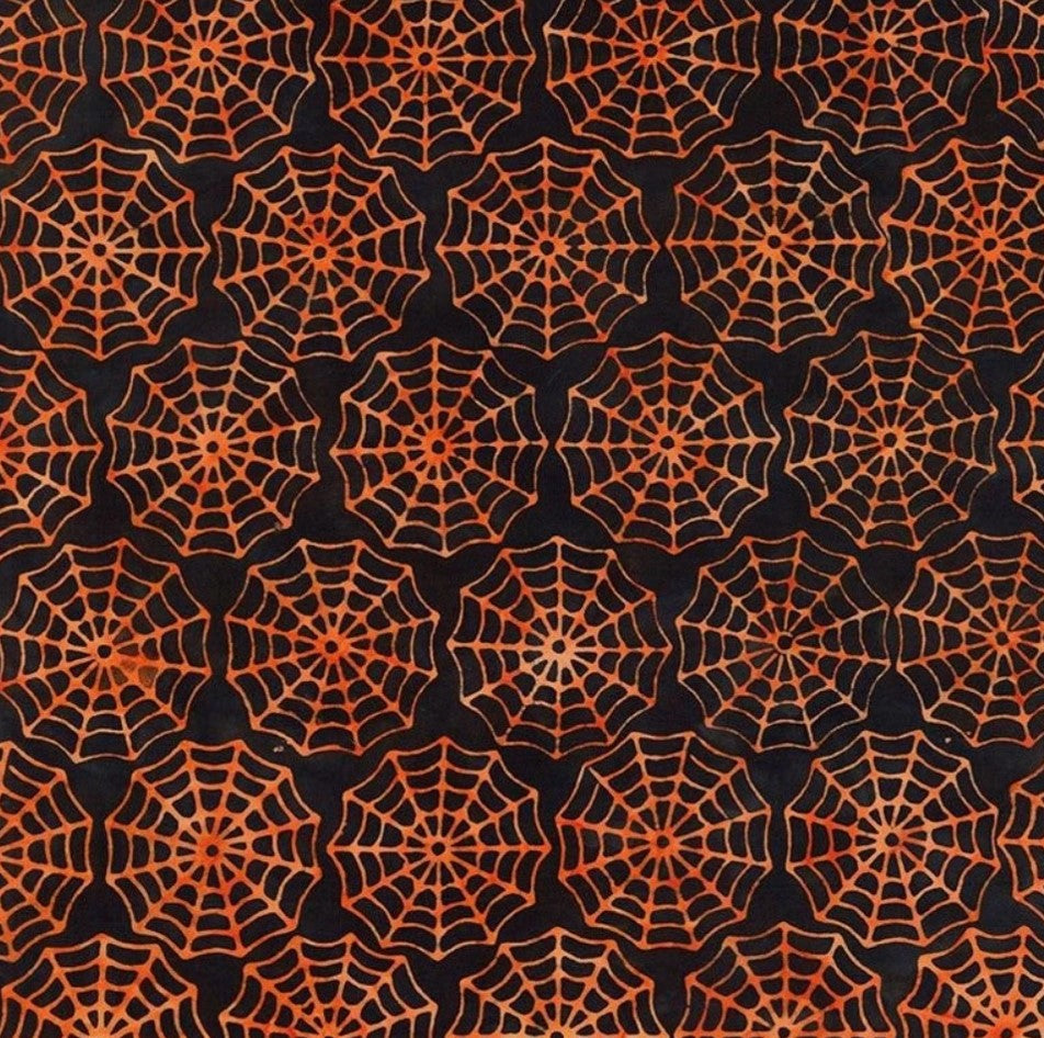 Halloween Batik Orange Spider Webs on Black Tonga