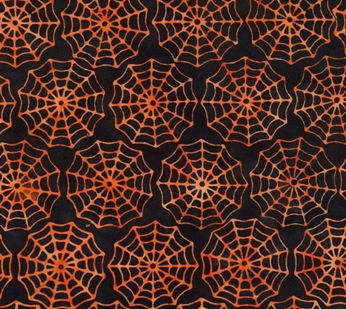 Halloween Batik Orange Spider Webs on Black Tonga