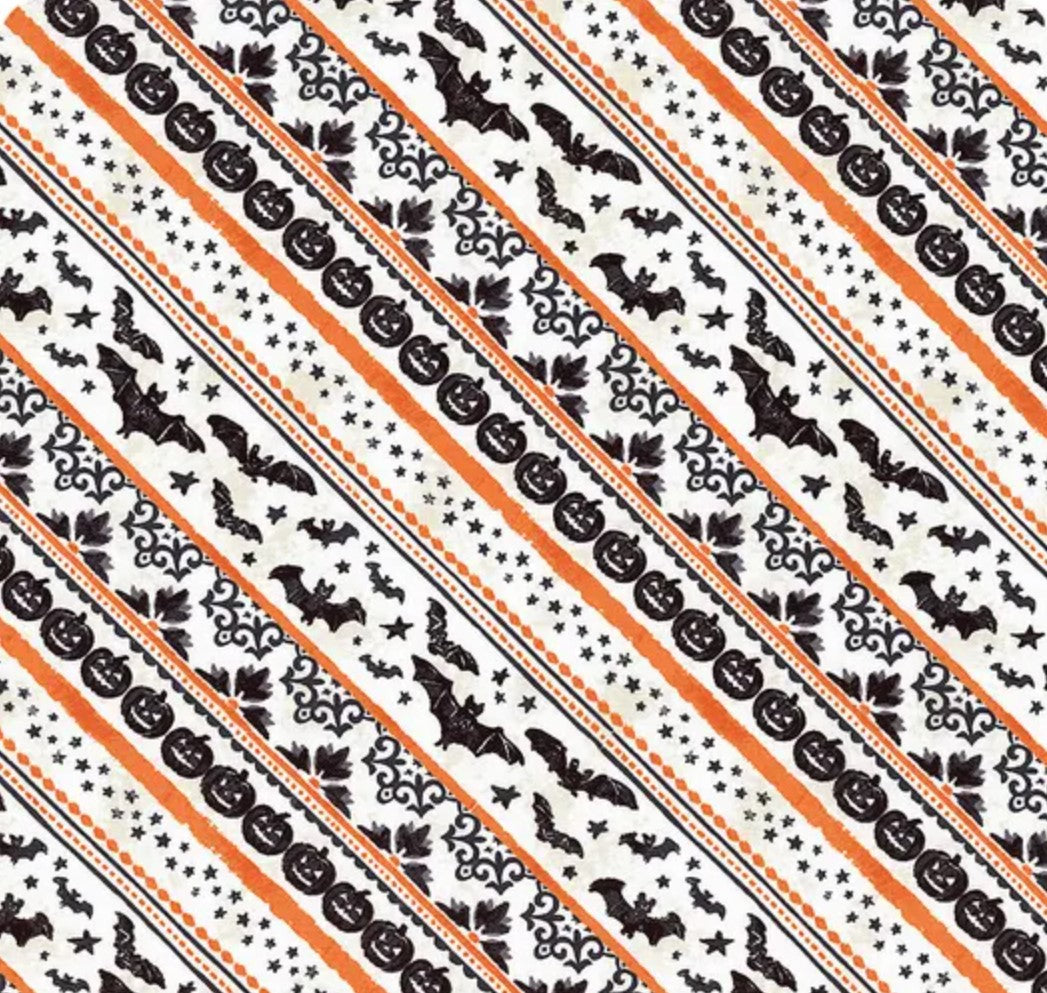 Halloween Orange Ticking Diagonal Stripe Bats Pumpkins on White