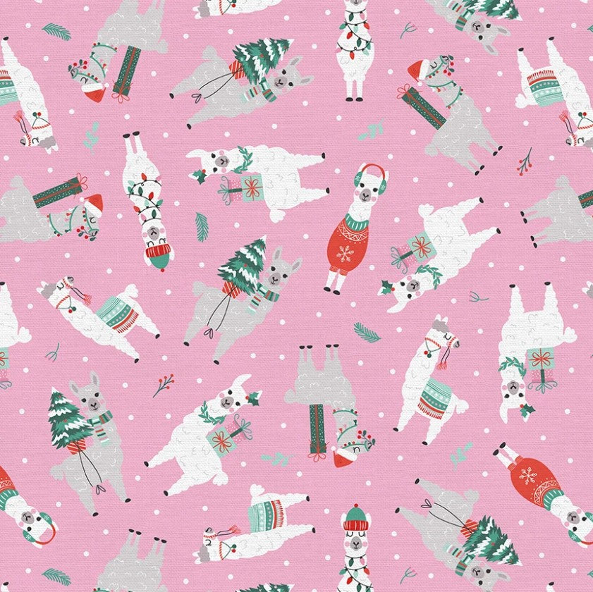 Christmas Llamas on Pink 100% Cotton