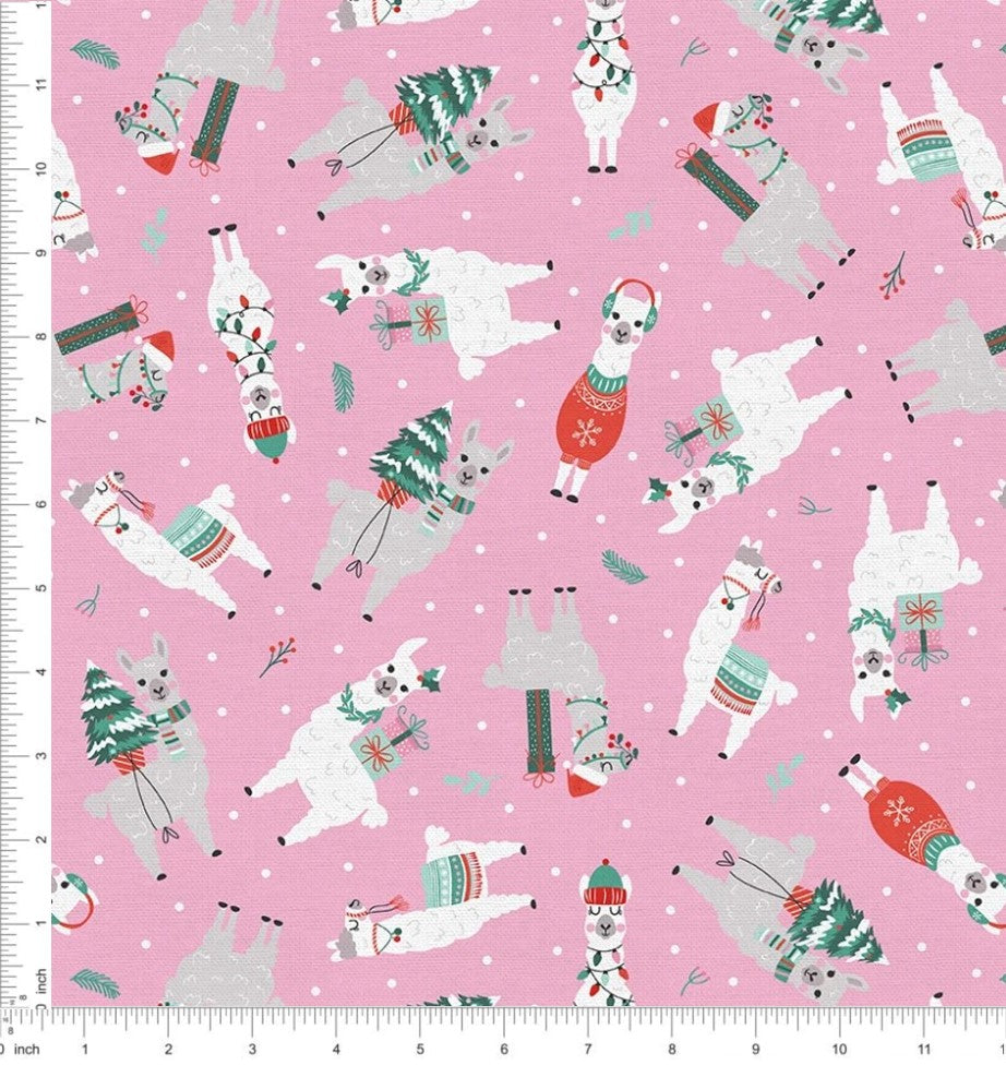 Christmas Llamas on Pink 100% Cotton
