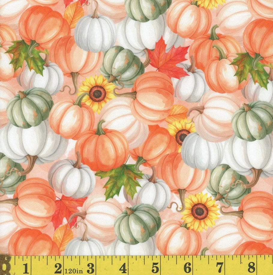 Thanksgiving Harvest Pumpkins on Orange 100% Cotton Fabric By the yard