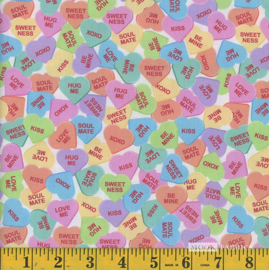 Valentine Candy Hearts on Cream 100% Cotton Price per Yard