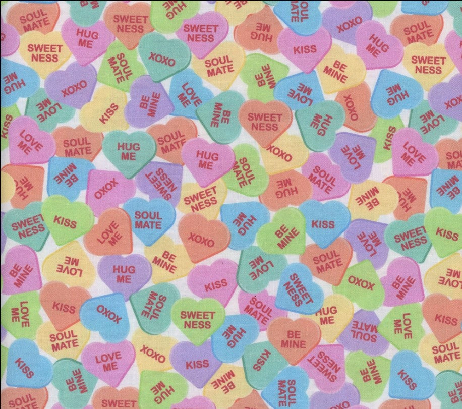 Valentine Candy Hearts on Cream 100% Cotton Price per Yard