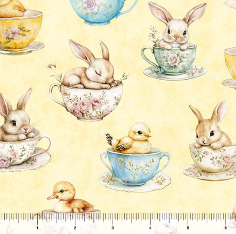 Easter Bunnies and Chicks in Teacups on Light Yellow