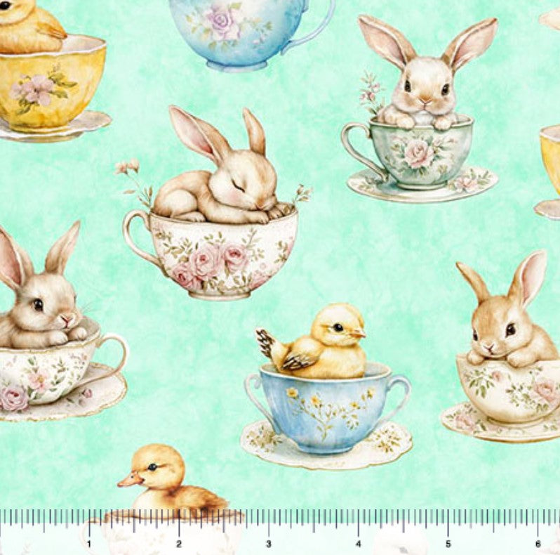Easter Bunnies and Chicks in Teacups on Light Aqua