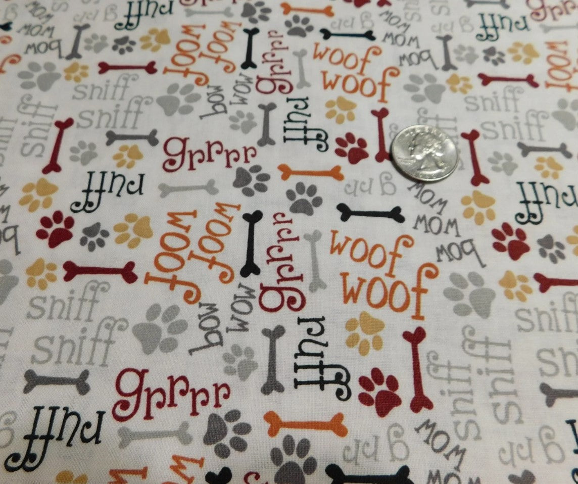 Novelty Dog Pups Words on Cream 100% Cotton Price per Yard