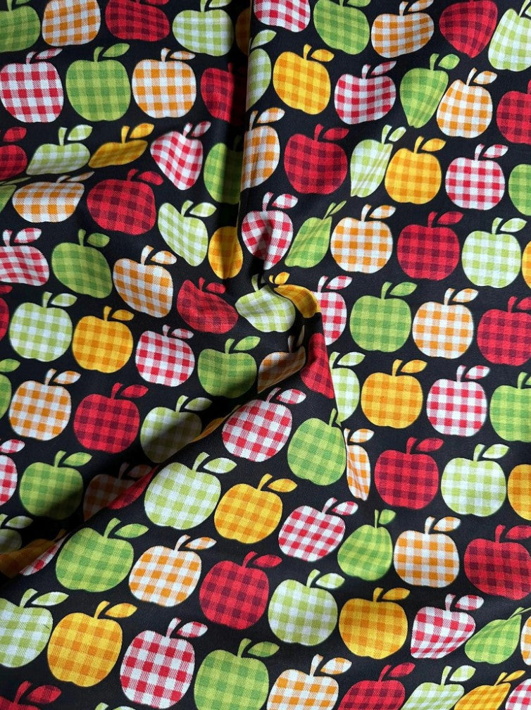 Thanksgiving Plaid Apples on Black 100% Cotton Price per Yard