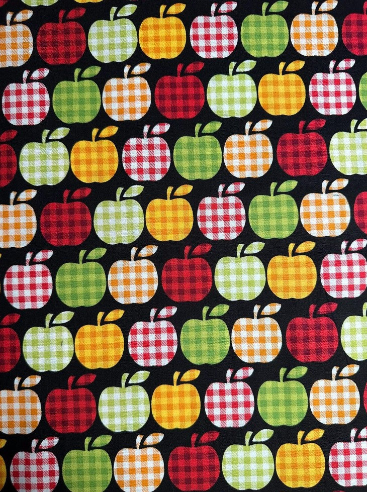 Thanksgiving Plaid Apples on Black 100% Cotton Price per Yard
