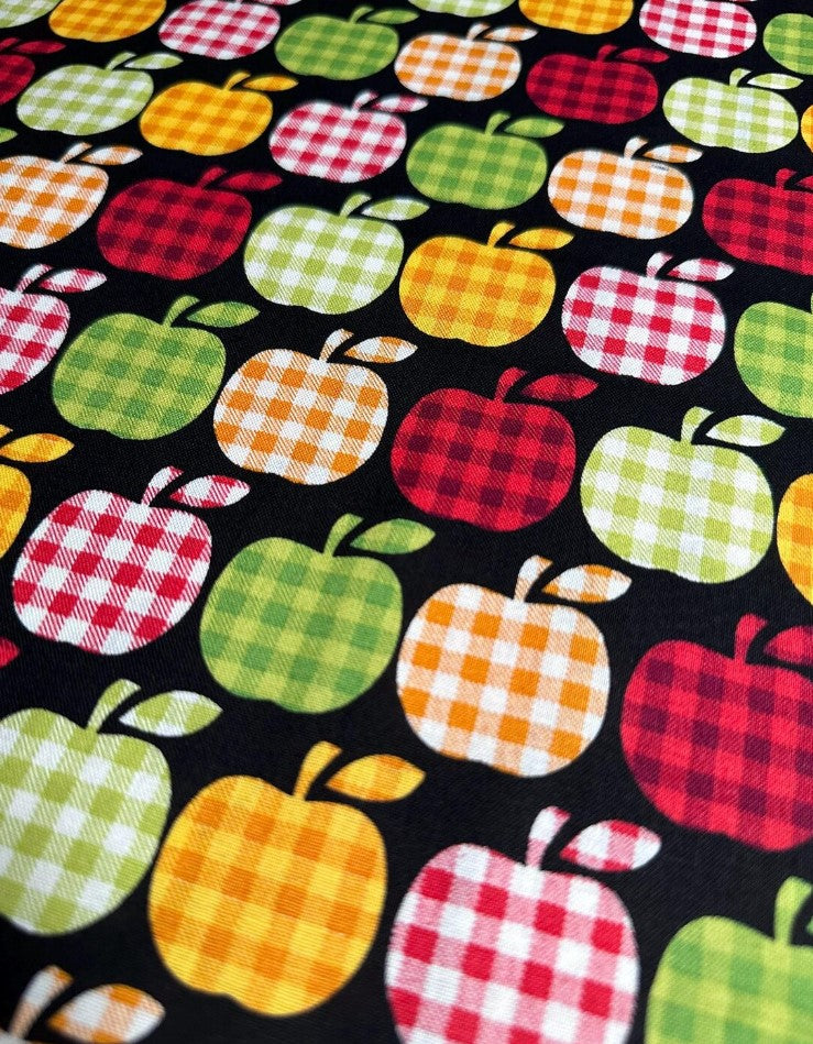 Thanksgiving Plaid Apples on Black 100% Cotton Price per Yard