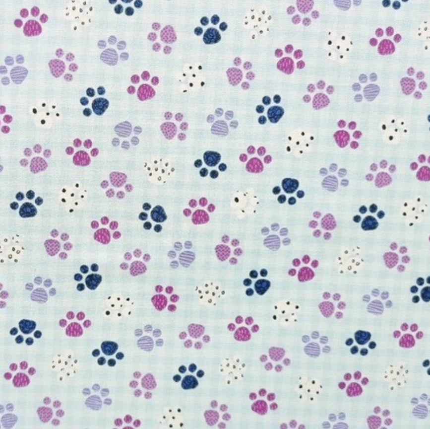 Novelty Dogs Pups Paws on Light Blue Gingham 100% Cotton Price per Yard