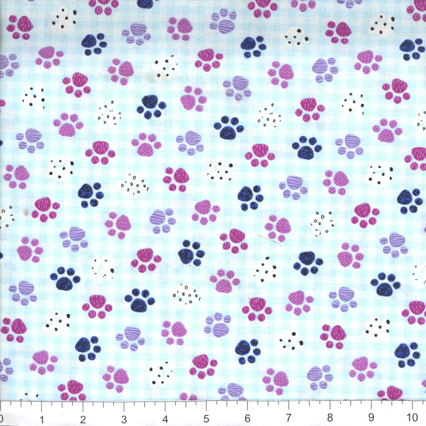 Novelty Dogs Pups Paws on Light Blue Gingham 100% Cotton Price per Yard