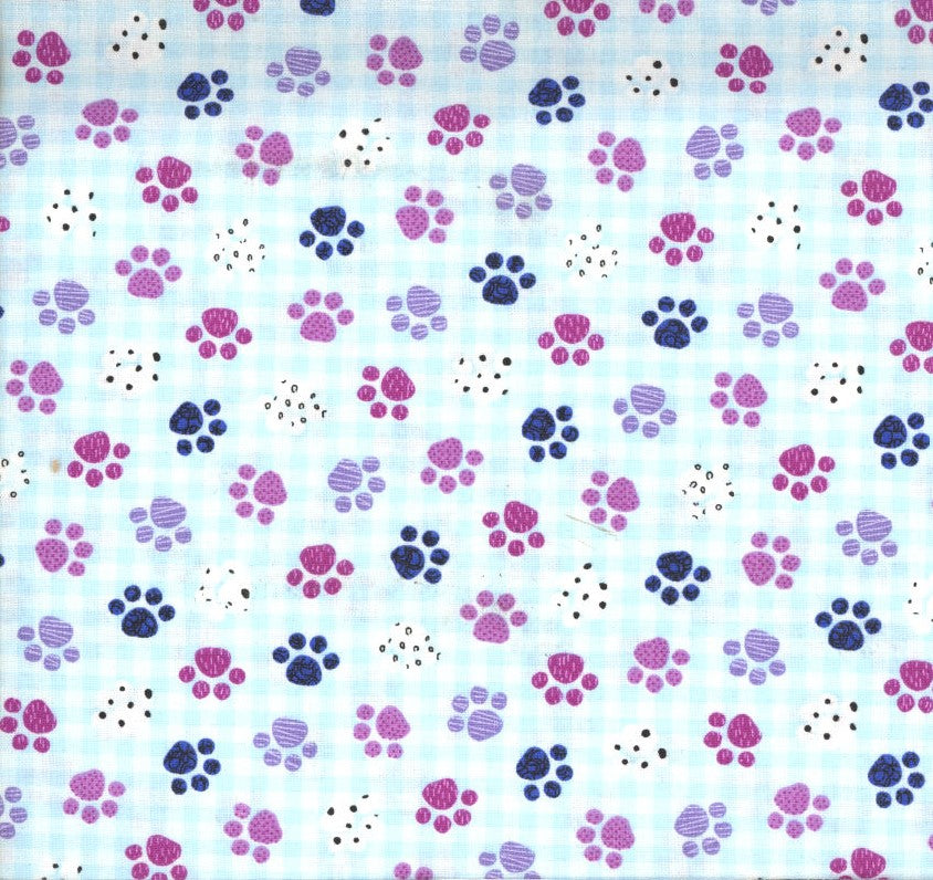 Novelty Dogs Pups Paws on Light Blue Gingham 100% Cotton Price per Yard