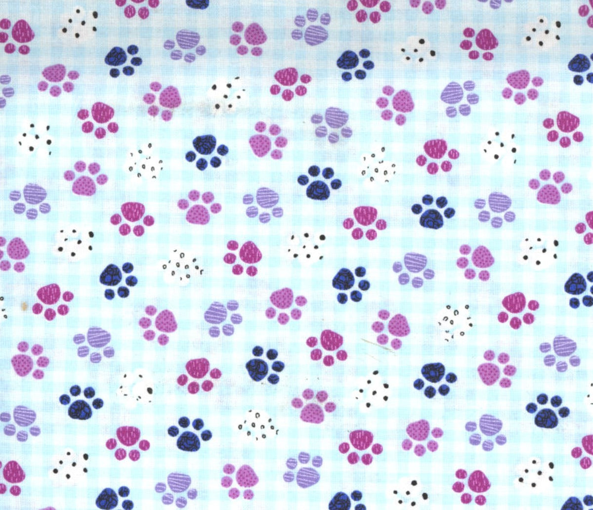 Novelty Dogs Pups Paws on Light Blue Gingham 100% Cotton Price per Yard
