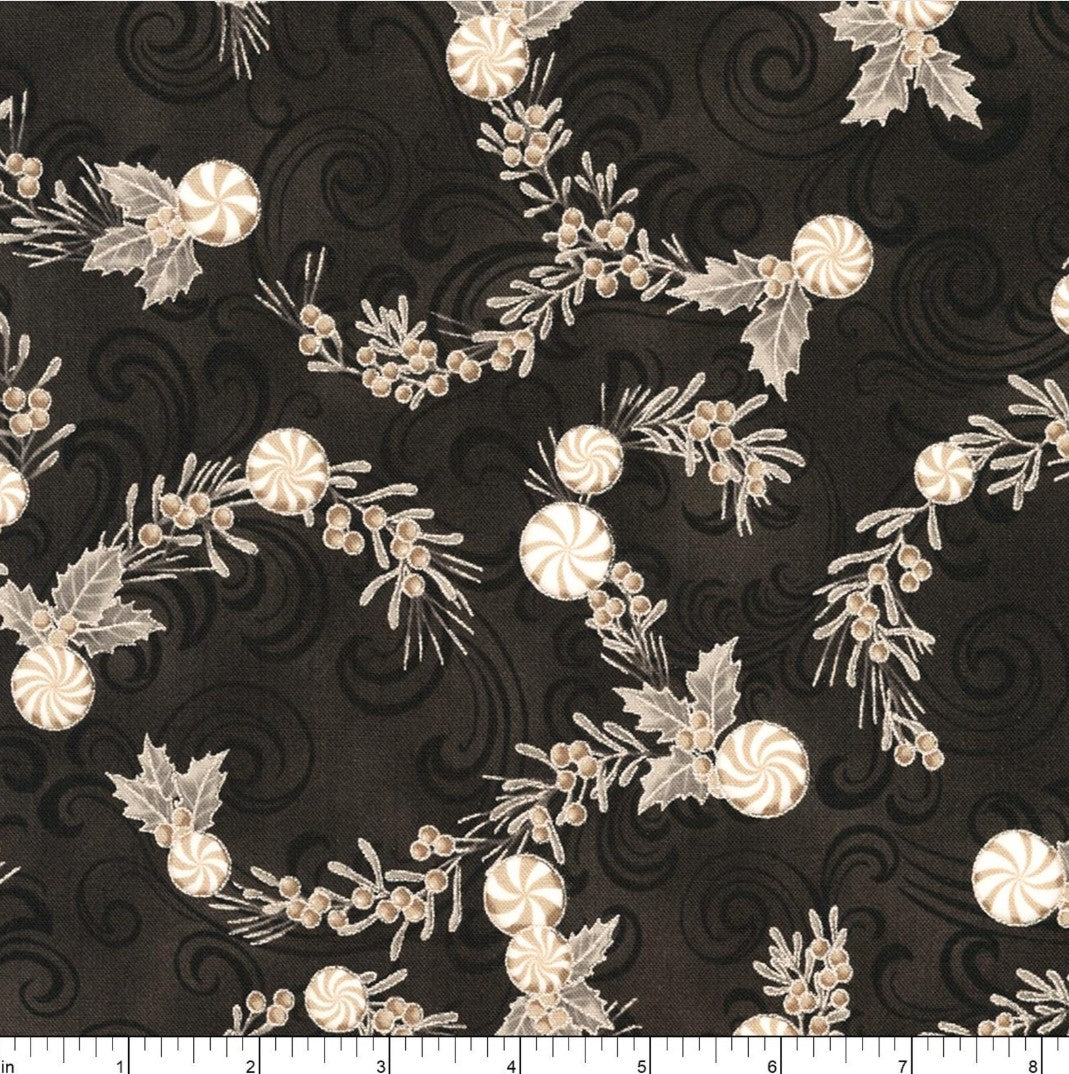 Christmas Peppermints Flourish on Black Metallic 100% Cotton Price Per Yard