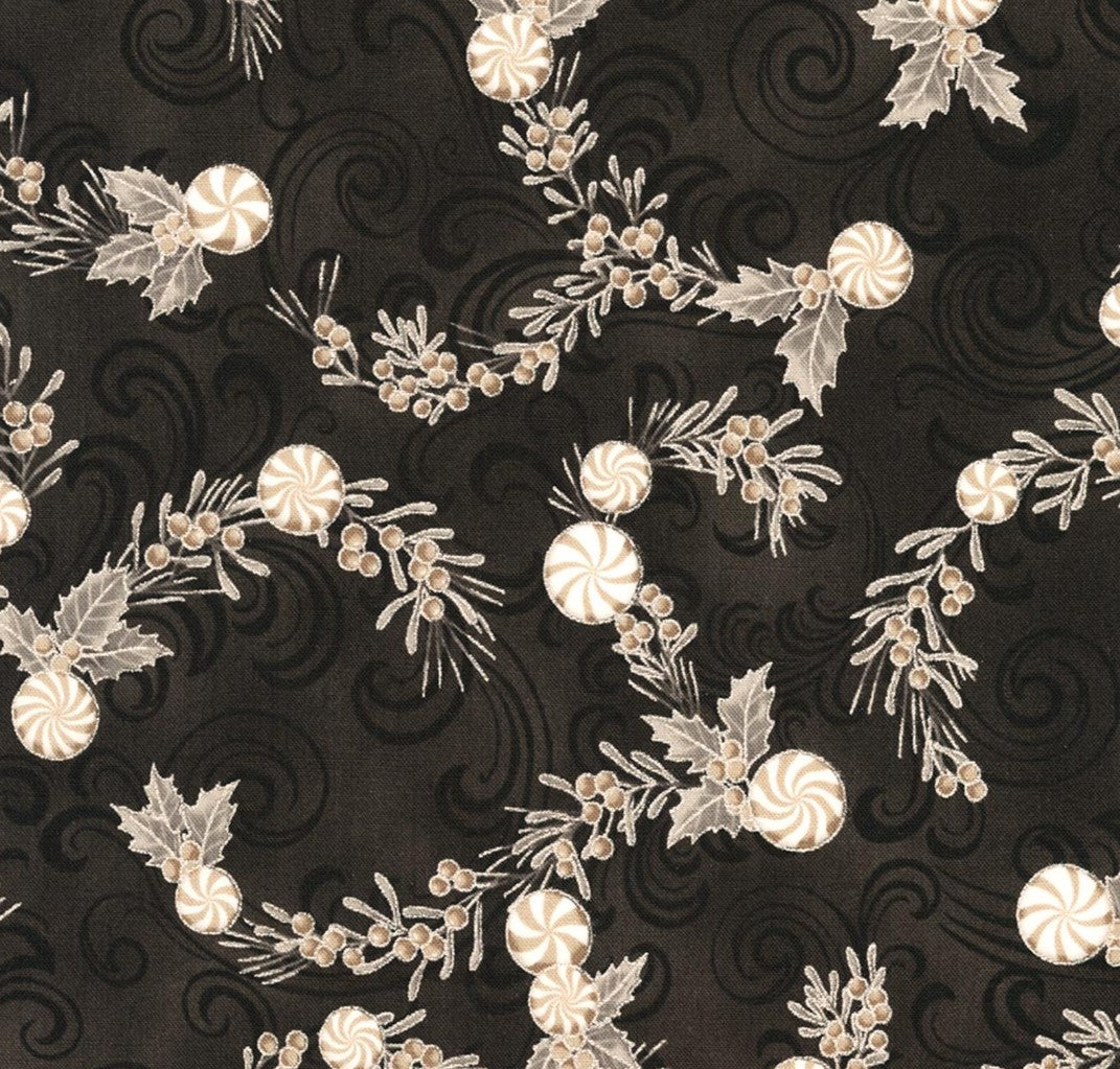 Christmas Peppermints Flourish on Black Metallic 100% Cotton Price Per Yard