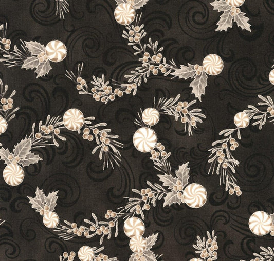 Christmas Peppermints Flourish on Black Metallic 100% Cotton Price Per Yard