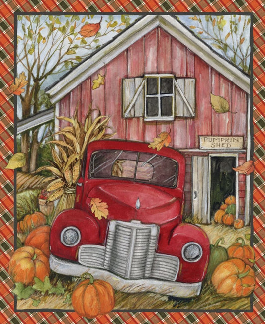 Thanksgiving Harvest Red Truck Pumpkin Shed 36 x 44 inches 100% Cotton Price per Panel